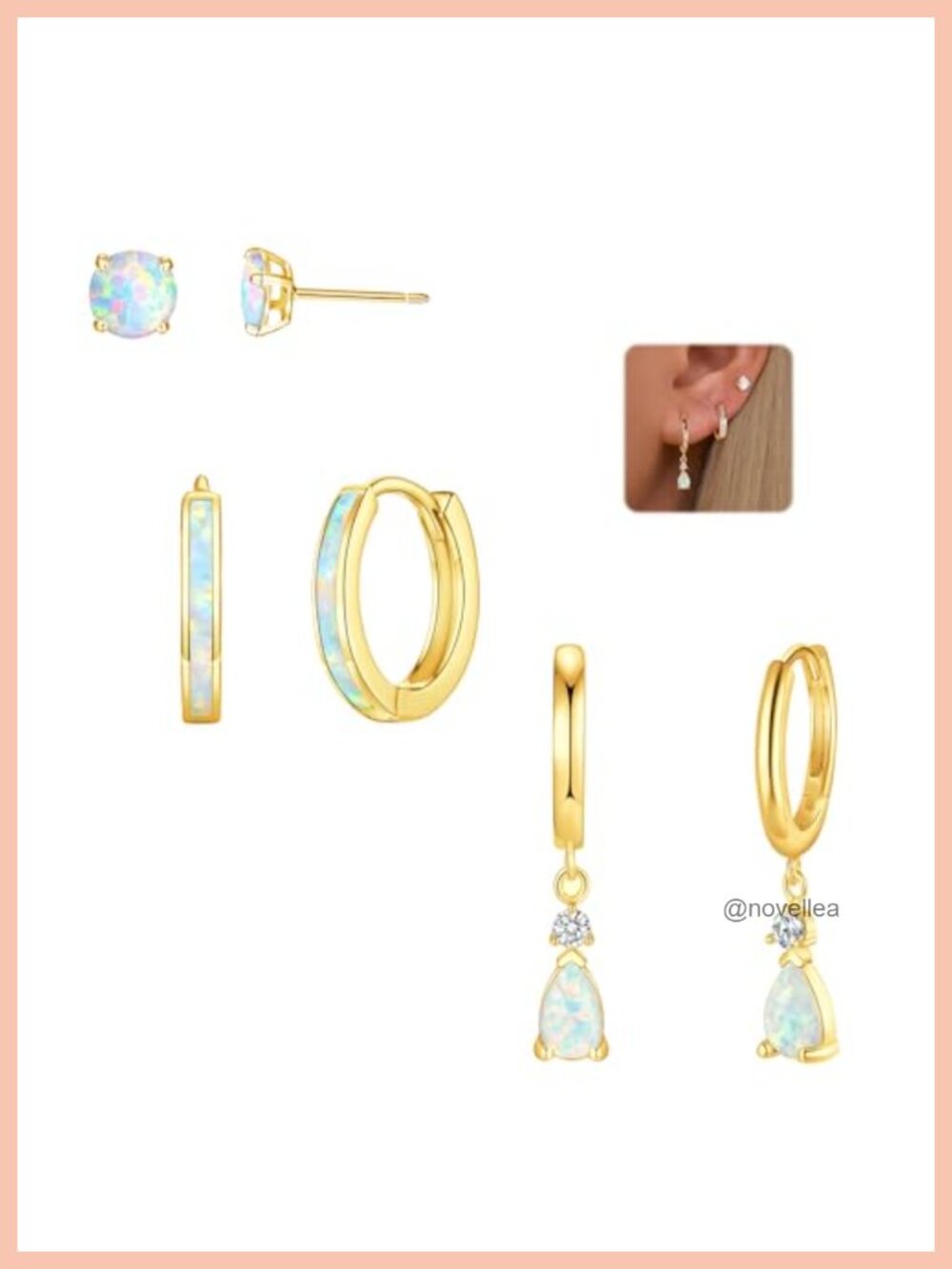 Hypoallergenic Opal Earrings Set for Women 14K Gold Plated Stud Huggie Hoop